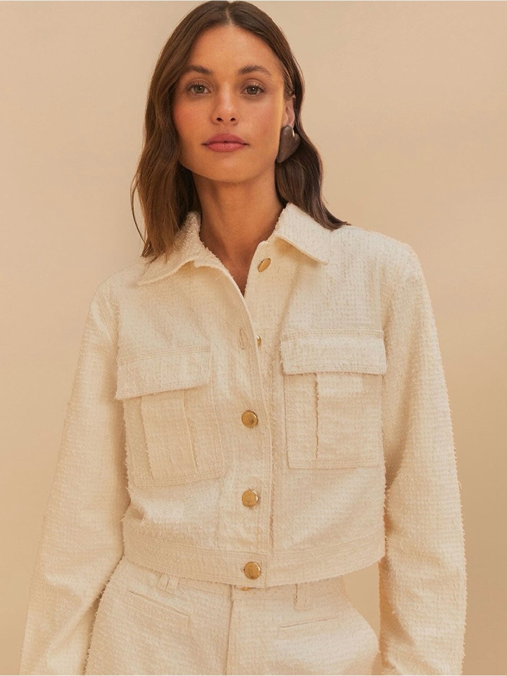 Farm Rio Off-White Twill Laser Crop Jacket. 100% Cotton. Large. NWT.